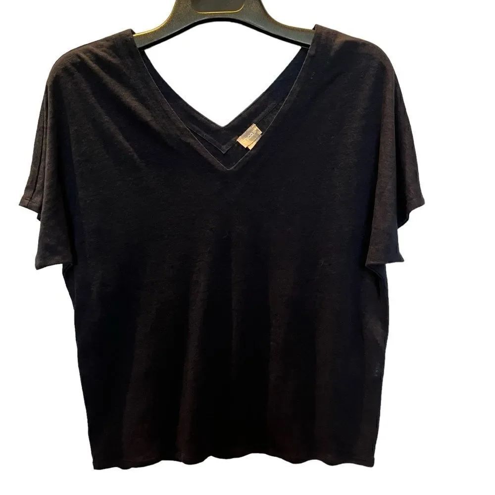 Chico's Women's Linen Short Sleeve Navy Blue Blouse V Neck Size 2 Pullover